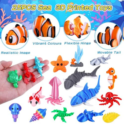 ywevyezc 25 Pcs 3D Printed Ocean Animals Set, Flexible Articulated Mini Sea Animal Figurines Fidget Toy Desk Pets, Ideal for Party Favors Birthday Gifts Office Desktop Home Decor - style: 25Pcs-3D Ocean Animals