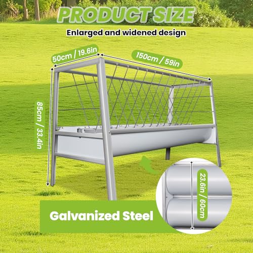 94 Gallon Goat Hay Feeder, 2-in-1 Hay & Grain Livestock Shelter Goat Feeders with Detachable Grain Tray Heavy Duty Galvanized Steel Goats Feeder, Hay Feeder for Goats Sheep Lamb Horses