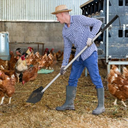 Kalekey Heavy Duty Chicken Coop Rake and Scoop, 15 Inch Extra Large Chicken Coop Rake with Adjustable Stainless Steel Handle (25 to 73 Inch)，Metal Multi-Use Cleaning Shovel for Coops, Beach（Black） - color: Black