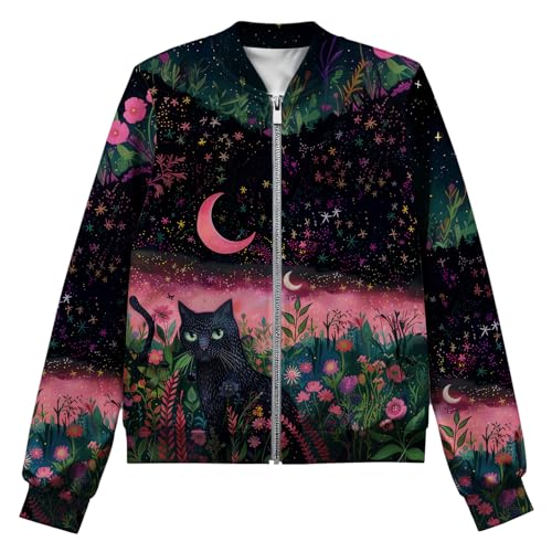Vintage Fall/Winter Casual Animal Print Graphic Coat Women's Basic Crew Neck Long Sleeve Fashion Bomber Jacket - color: Black Pink, size: Small