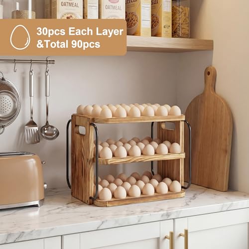 Wood Egg Holder Countertop for Fresh Eggs, Fresh Egg Holder Countertop with Handle, 3 Layer, Stackable with 90 Eggs for Countertop to Store Chicken/Duck/Hand Painted/Easter Egg - color: Pine