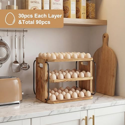 Wood Egg Holder Countertop for Fresh Eggs, Fresh Egg Holder Countertop with Handle, 3 Layer, Stackable with 90 Eggs for Countertop to Store Chicken/Duck/Hand Painted/Easter Egg - color: Pine