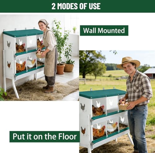 Wall Mounted Chicken Nesting Box – Weather Resistant Galvanized Steel Poultry Nest with 10 Absorbent Pads & 4 Fake Eggs, Egg Roll-Away System & Protective Lid for Coop, Barn, Backyard Hen House - size: 6 Room&Mat eggs