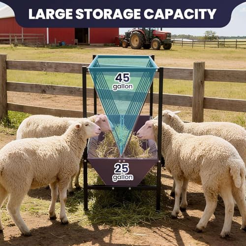 45 Gallon 2-in-1 Pasture Hay and Grain Feeder, Heavy Duty Galvanized Steel Livestock Feed Trough with 25 Gallon Pan - Rust Proof, Sturdy for Goat, Sheep, Horse, Pig