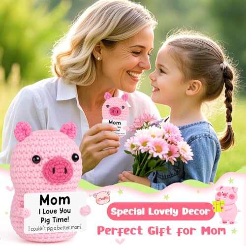 GevGuxLuo Mini Funny Positive Pig Birthday Gift for Mom from Daughter Son | Handmade Crochet Animals Gifts for Mothers Day, I Love You Mum Small Present for Mother in Law Step Mom Cute Decor - style: Mom