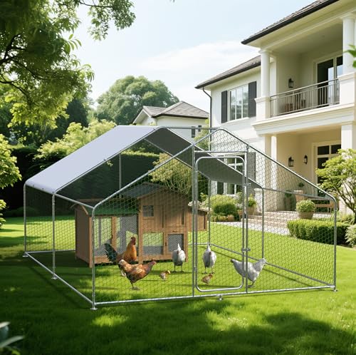 Metal Chicken Coop with Cover for Yard Large Walk-in Chicken Runs for 20 Chickens with Galvanized Steel Frame for Outdoor Heavy Duty Spire Roof Poultry Cage for Hen Duck Rabbits Goose Puppy