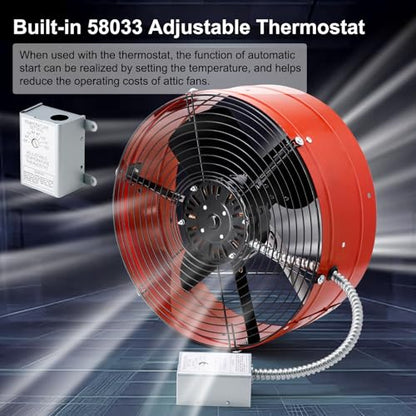 Criditpid 15" Gable Mount Vent Attic Fan, Exhaust Ventilation Fan with Adjustable Thermostat for Gable, Home, Shed, Garage, Portable Building, 3.4A, 1300CFM, 1075RPM, 1850 Sq.Ft Coverage Area, Red. - color: 1300CFM