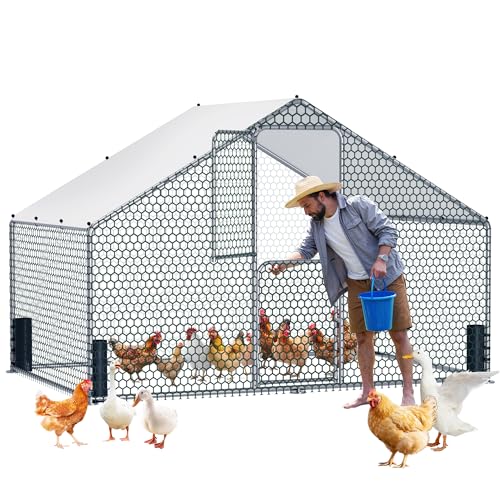 Large Metal Chicken Coop, Walk-in Chicken Run with Feeding Door, Security Lock and Cover, Outdoor Duck/Rabbit Cage Poultry Pen for Backyard, Farm, Yard (Silver - Spire Roof, 9.8 x 6.6 x 6.6 FT) - size: 78.8"L x 118.1"W x 78.8"H