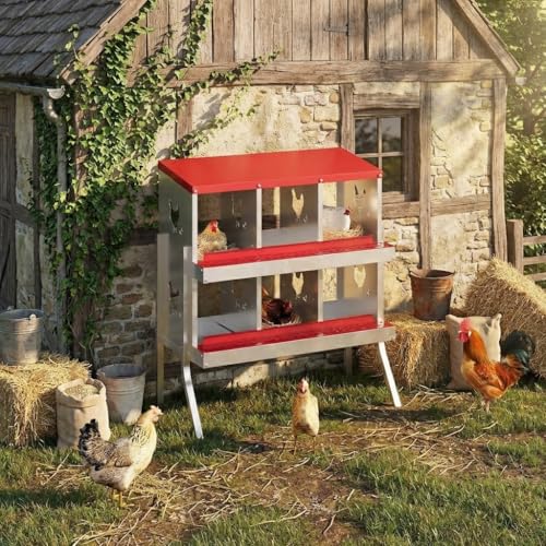 GarveeLife 6 Compartment Chicken Nesting Box with Metal Legs, Nesting Boxes for Chickens, Metal Chicken Laying Boxes with Perch, Secure Lid, Versatile Wall Mount or Free Standing for Hens, Red - color: red, size: 6 grids with legs