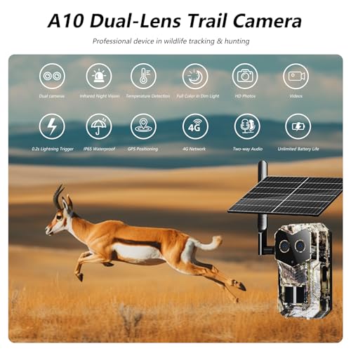 2025 Upgraded 4G Cellular Trail Camera with GPS,Dual Lens Game Camera with Night Vision, Trail Camera with Night Vision Motion Activated Waterproof, Wildlife Camera, SolarTrail Cam with Esim Card - color: A10