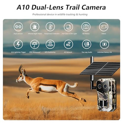 2025 Upgraded 4G Cellular Trail Camera with GPS,Dual Lens Game Camera with Night Vision, Trail Camera with Night Vision Motion Activated Waterproof, Wildlife Camera, SolarTrail Cam with Esim Card - color: A10