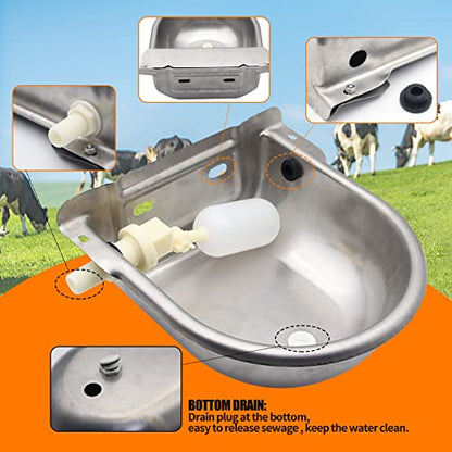 Automatic Livestock Water Bowl Float Valve Self-Filling Dog Goat Chicken | 304 Stainless Steel Animal Waterer Auto Refill, Horse Pig Cow Sheep Cat, Drainage, 3/4" GHT Hose & Mounting Bolts, Farm Ranch