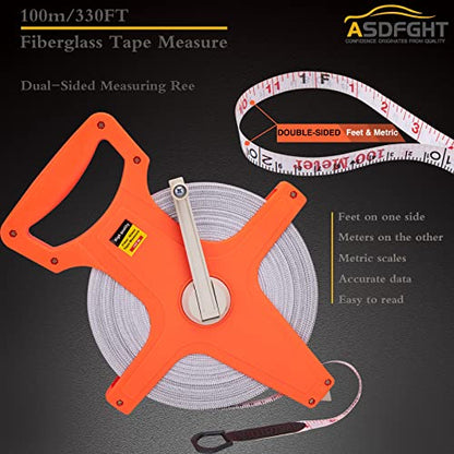 Open Reel Tape Measure 330 Feet, Fiberglass Tape Measure, Yard Measuring Tape Fit for Sports Field, Outdoor, Engineer,Track, Durable Dual-Sided Measuring Reel with Feet and Meters (1/2') - size: 100 m