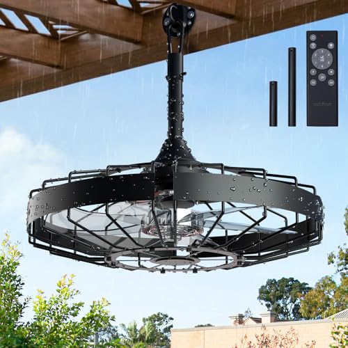 addlon 20 Inch Outdoor Ceiling Fan without Light, IP65 Waterproof Plug in Caged Hanging Fan, Remote Control, 6 Speeds Reversible Outdoor Fans for Patio, Gazebo, Pergola, Porch - color: Black (No Light)