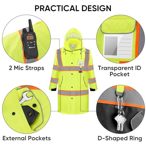 TICONN Reflective Rain Coat, Waterproof Hi Vis Safety Rain Jacket, Heavy Duty ANSI Class 3 High Visibility Trench Coat - size: X-Large