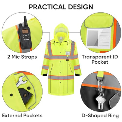 TICONN Reflective Rain Coat, Waterproof Hi Vis Safety Rain Jacket, Heavy Duty ANSI Class 3 High Visibility Trench Coat - size: Large