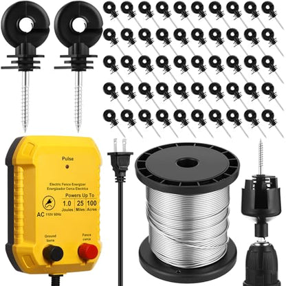 MorningRo Electric Fence Charger Set 110VAC 1 Joule Electric Plug in Fence to Contain Pet Poultry Keep Rodent, 50 Black Insulator and 1 Socket Tool 250ft Aluminum Wire for Garden Pond Protection - style: 1 Joule
