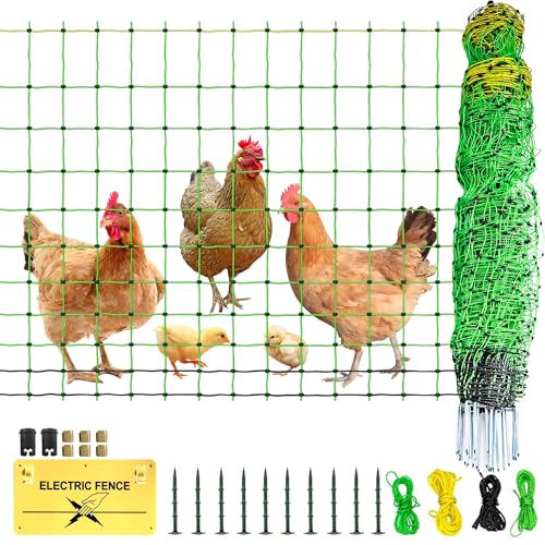 Poultry Netting Electric Fence, Portable Livestock Nets Mesh for Chickens, Ducks, Geese, Turkey, Electric Fencing for Backyards, Homesteaders, Farms, Ranches (Green, 41.5" H x 164' L Poultry)