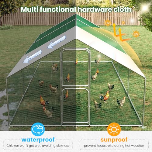 Metal Chicken Coops Walk-in Chicken Run with Waterproof Hardware Cloth Cover Poultry Cage with Split Double Door - color: Silver, size: 6.5'L × 9.8'W × 6.5'H