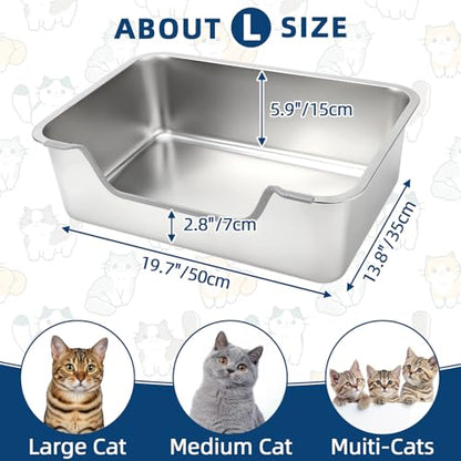 FHTONGE Low Entry Stainless Steel Cat Litter Box, Splash-Proof High Wall Metal Kitty Litter Box Kitten Toilet for Senior Arthritis Surgery Injured Disabled Munchkin Smaller Pregnant Cat, 19.7x13.8 - size: 19.7x13.8"(50x35cm) for Common Cat