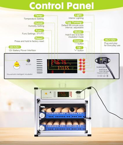 136 Eggs Automatic Egg Incubator with Auto Turner, Digital Temp Humidity Control & Water Refill, Poultry Incubator for Chicken Duck Goose Quail Pigeon Eggs, AC110V/DC12V Dual Power