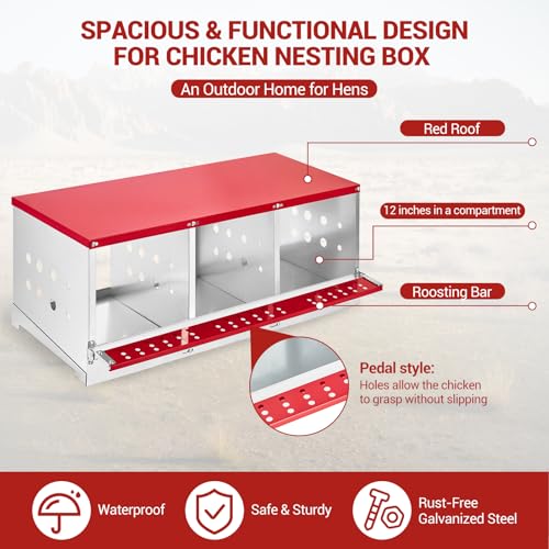 GarveeLife Chicken Nesting Boxes for Laying Eggs, Metal Chicken Nesting Box with Vented Holes and Swing Perch for Chicken Coop, Egg Laying Boxes for Chickens, Hens, Ducks (3 Compartments) - size: 3 compartments