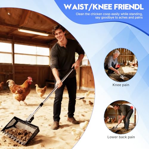 Chicken Poop Scooper & Rake 2-in-1,Chicken Poop Scooper with Stainless Steel Handle (35-61.8" Adjustable),Sifter Shovel Chicken Coop Sand Rake for Chicken Coops & Farm Animals