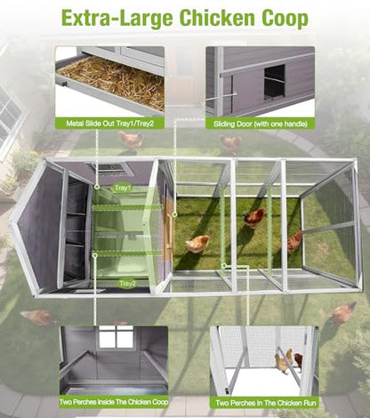 GUTINNEEN Extra Large Walk-in Chicken Coop with Run Waterproof UV Resistant Chicken House with Large Nesting Box 113.5" L Gray Outdoor Backyard Hen House - size: 113.5"L