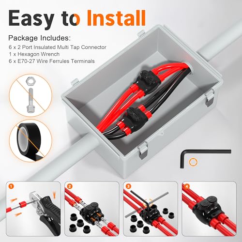 Joinfworld 2 Port Insulated Inline Splice Connector 3/0-6AWG Aluminum to Copper Wire Connectors 7/32" Slotted Allen Hex Dual Side Entry Electrical Cable Connectors - 6 Pack - size: 3/0-6 AWG