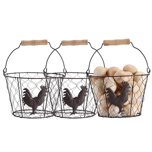 3 PCS 8’’ Farmhouse Egg Collecting Basket with Wood Handle, Rustic Metal Wire Chicken Eggs Holder Basket for Countertop Kitchen, Wire Egg Basket Vintage Style, Round, Rooster Pattern - size: 3 PACK