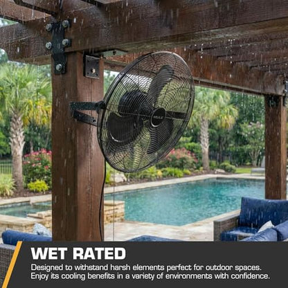 MULE 20 Inch Wet-Rated Outdoor Wall Fan XL, Plug-In Mount with Adjustable Omni-Reach Arm and 3-Speed Quiet Motor, Matte Black