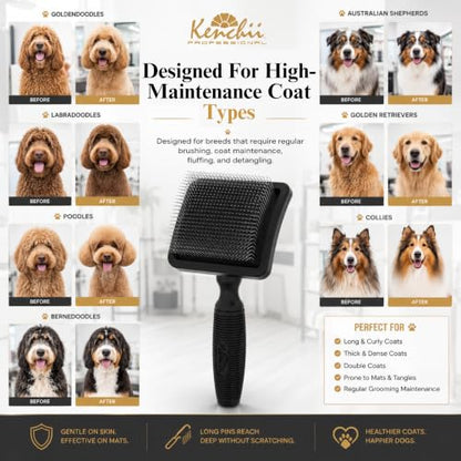 Kenchii Long Pin Slicker Brush for Dogs (Poodles, Doodles, Goldendoodles, Labradoodles), Professional Grooming Brush for Detangling, Fluffing & Dematting, Non-Slip Comfort Handle (Black) - color: Black