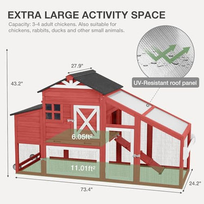 Chicken Coop with Wheels Wooden Outdoor Chicken House Easy Cleaning with Nesting Box, Deeper Leakproof Pull-Out Tray and UV Proof Panel Roof - Reinforced Version - Red