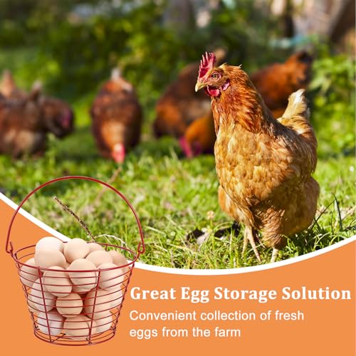 3 PCS 8" Red Round Wire Egg Baskets for Fresh Egg With Handle, Small Metal Collecting Basket for Gathering Fresh Eggs, Chicken and Duck Eggs Hunting Basket Egg-Holder Countertop - style: Round-3 Pack,Red
