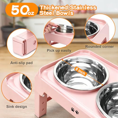 COMESOON Elevated Dog Bowls, 4 Height Adjustable Raised Bowl Stand with 2 Thick 50oz Stainless Steel Food Bowls Non-Slip Feeder Adjusts to 3.7'', 9.2'', 10.75'', 12.36'' Pink - color: Pink, size: 8" for Medium Dogs
