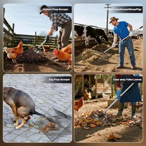 15-inch Large Chicken Poop Scooper with Ergonomic Grip, 5 in 1 Adjustable Chicken Coop Pooper Shovel, Sifting Litter Shovel Scoop for Dog Coop/cowshed‌/Sheep Pen/Pigsty/Stable Cleaning/‌Feed hay - size: 15inch Width