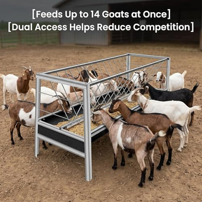 Livestock Feeder, Stainless Steel Goat Feeder for Goats Sheep Horses and Calves, 77 Gallon Hay Feeder with Rubber Trough Livestock Feeder
