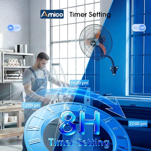 Amico 20" Industrial Wall Mount Fan with Remote Control, 5000 CFM High Velocity Oscillating Wall Mounted Fan, DC Motor Commercial Shop Fan for Garage, Workshop, Gym, Patio, Indoor/Outdoor