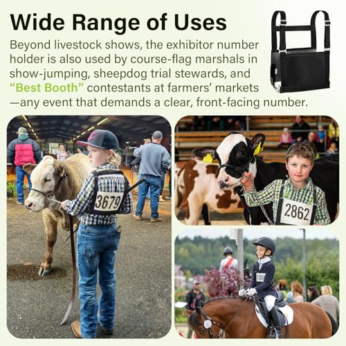 Black Exhibitor Number Harness Adjustable Show Number Holder for 4-H/FFA, Sheepdog Trials, Breed Shows