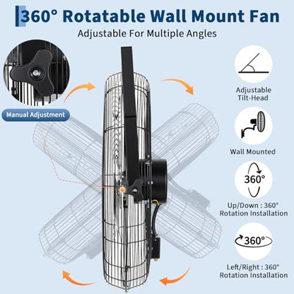 Garvee 18 Inch Wall Mount Fan, 3500 CFM 3 Speeds High Velocity Industrial Fan with 360° Tilt Head, IP44 Waterproof Heavy-Duty Aluminum Blades for Workshop, Warehouse, Greenhouse, Commercial - size: 18 Inch