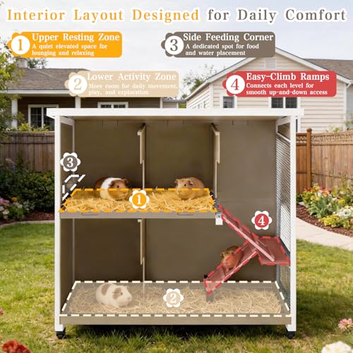 Gowoodhut 47" L Large Guinea Pig Cage Indoor with Wheels, 2-Story Wooden Hutch with 2 Deep Pull-Out Trays, Anti-Chew Ramps & Hideout for Hamsters, Ferrets & Rabbits, Grey, Easy-Clean Small Pet Home