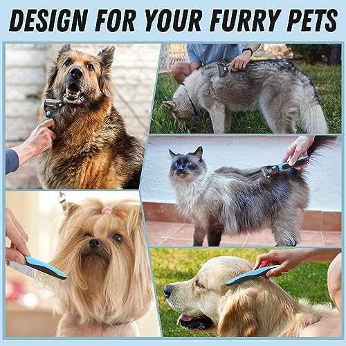 Docrok Pet Grooming Combo - Blue Deshedding Brush with Metal Comb for Detangling and Dematting Long, Matted Fur on Cats and Dogs - color: Blue