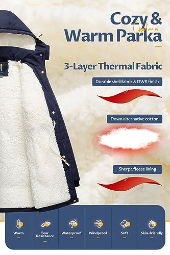 CREATMO US Women's Thicken Sherpa Winter Coat Puffy Warm Snow Jacket With Removable Hood - color: Navy Blue, size: Small