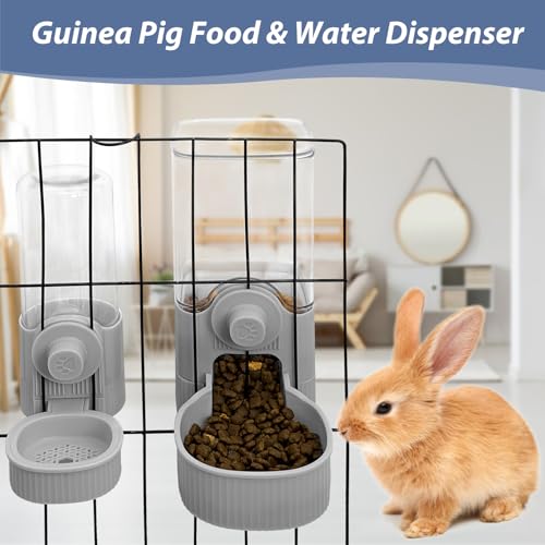 Fhiny Rabbit Food & Water Dispenser, Large Capacity Gravity Guinea Pig Feeder and Waterer Set Hanging Automatic Bunny Feeder for Cage for Bunny Guinea Pig Chinchilla Ferret Cat Puppy - color: Grey