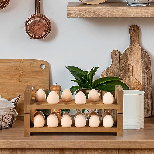 Sishynio Double Layer Egg Tray Holder Countertop - Wooden Fresh Egg Rack Stackable Storage Basket, 2 Tier Egg Organizer for Farmhouse Kitchen Refrigerator - style: 2 tier pine egg tray