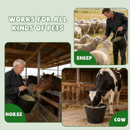 2 Pack Heavy Rubber Horse Feed Bucket,10 Quart Large Utility Feed Pan with Handle , 11.4 X 8.6 inch Horse Trough Heavy Duty Feeder Trough for Livestock Goats Animals Durable Pan Bowl Black