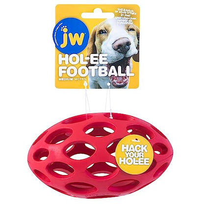 JW Pet Hol-ee Football Dog Toy Puzzle Ball, Natural Rubber, Medium (6.5 Inch Length), Colors May Vary - size: Medium