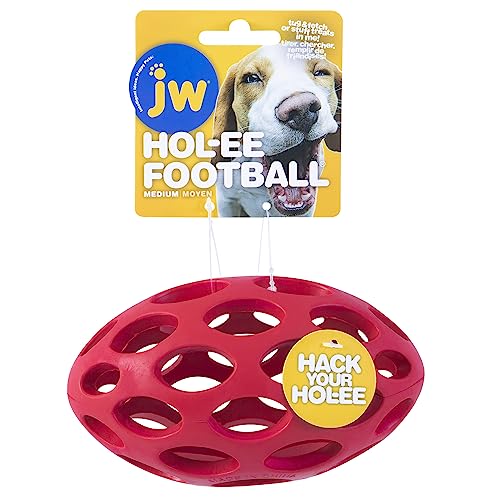 JW Pet Hol-ee Football Dog Toy Puzzle Ball, Natural Rubber, Medium (6.5 Inch Length), Colors May Vary - size: Medium