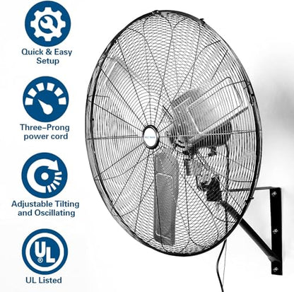 BILT HARD 30 in. 9500 CFM High Velocity Wall Fan, Industrial Wall Mount Oscillating Fan with 3 Speeds, Heavy Duty Shop Fan for Commercial, Garage, Warehouse, Workshops and Jobsites - size: 30 inch