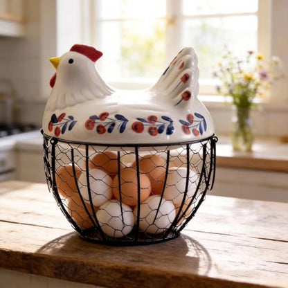 Ceramic Egg Basket Holds 25 Eggs-Keep Eggs Organized & Secure with This Chicken Design Storage Container - Perfect Kitchen Counter Decor, Handy Holder for Farm Fresh Eggs, Durable Iron Base Egg Organi